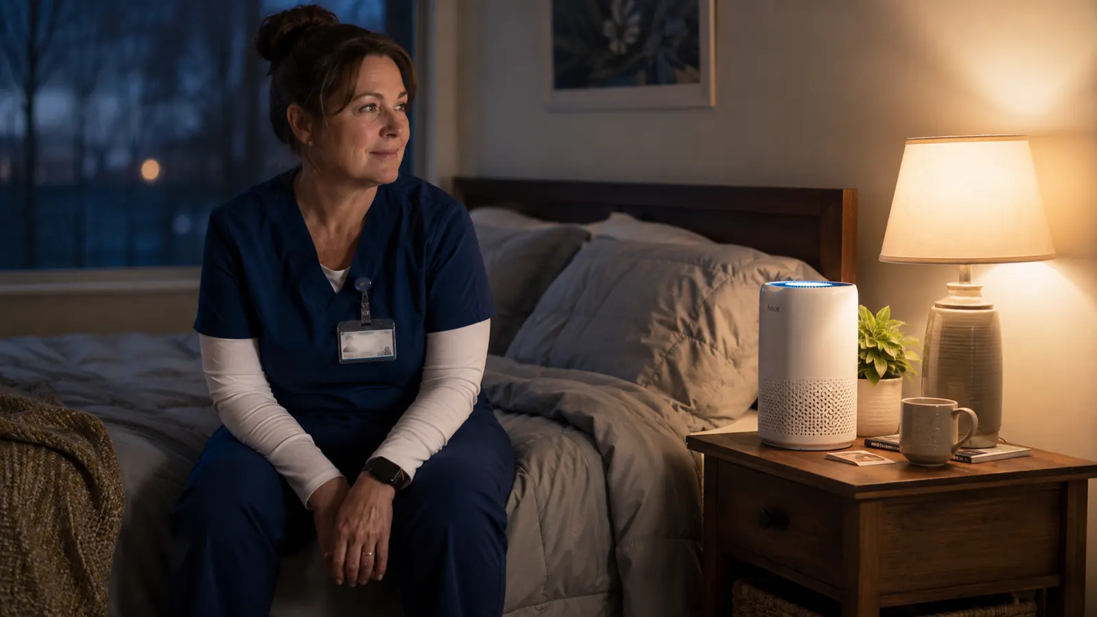 A woman in nurse scrubs sitting on the edge of a bed near a quietly running air purifier before a night shift