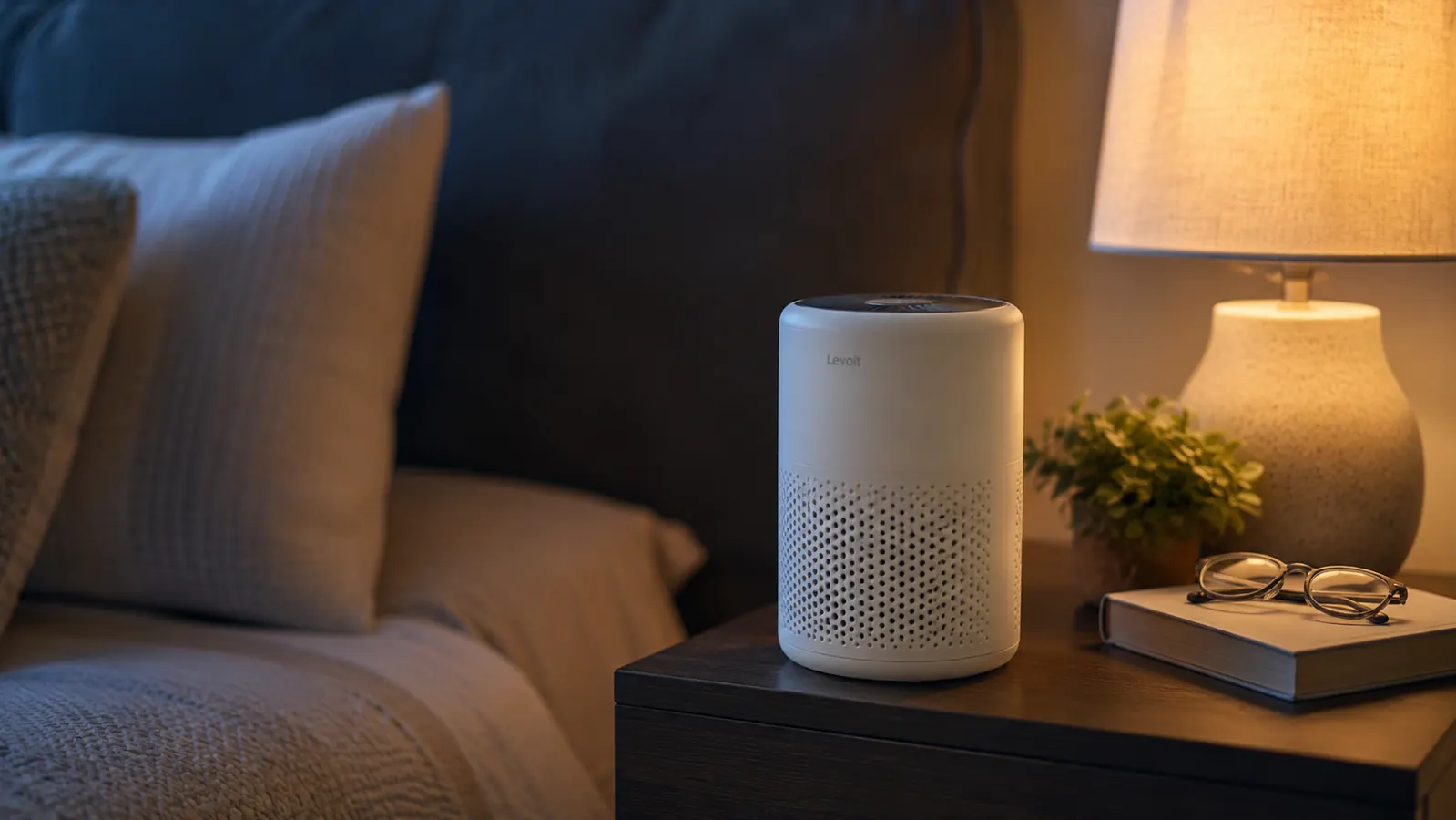 Small white cylindrical air purifier glowing softly on a bedroom nightstand at night