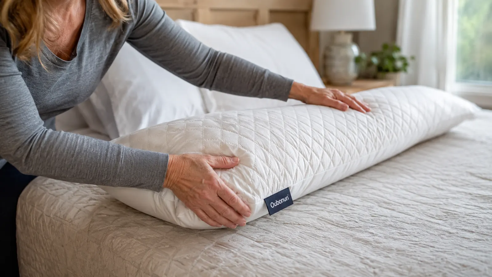 Hands fluffing an Oubonun quilted body pillow on a made bed to restore its loft