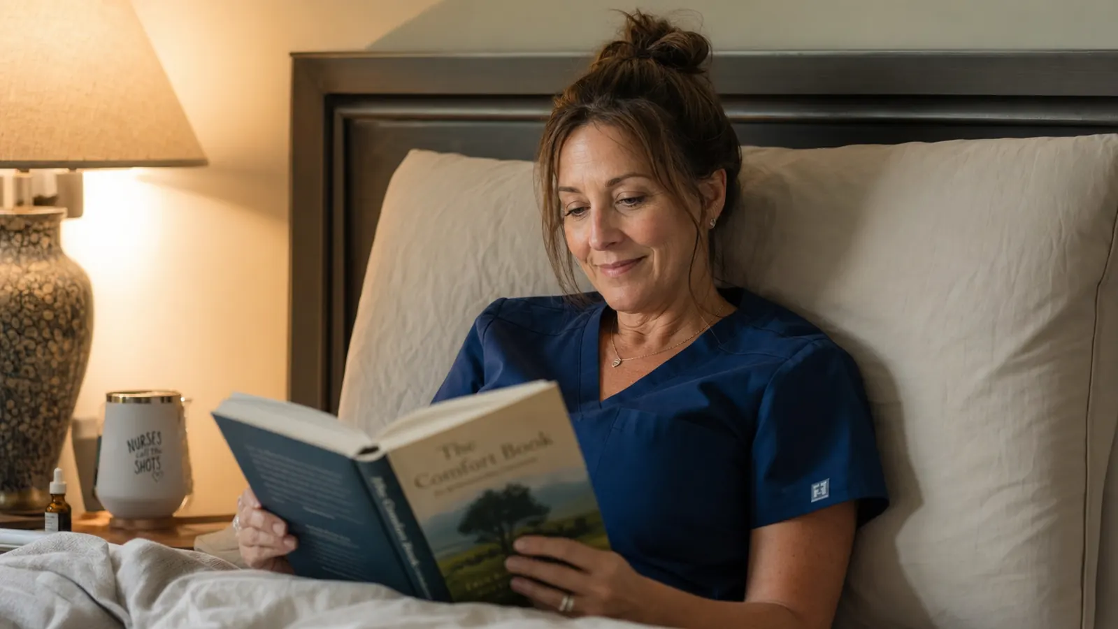 A woman in nurse scrubs propped up in bed against a body pillow reading before her night shift