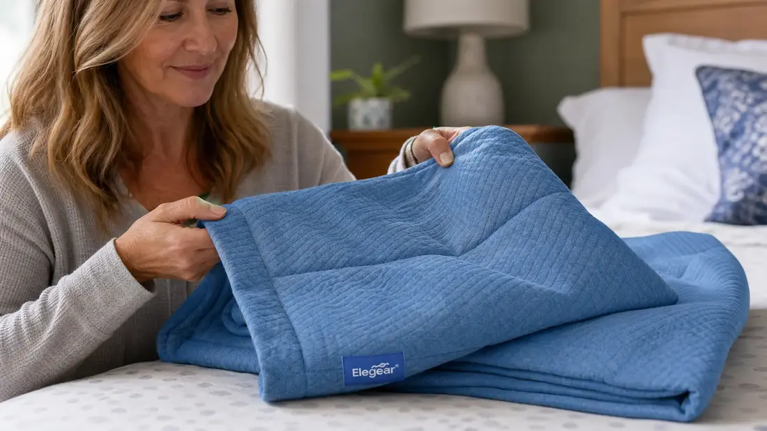 Hand pressing into the folded surface of the Elegear cooling blanket showing the smooth, silky weave