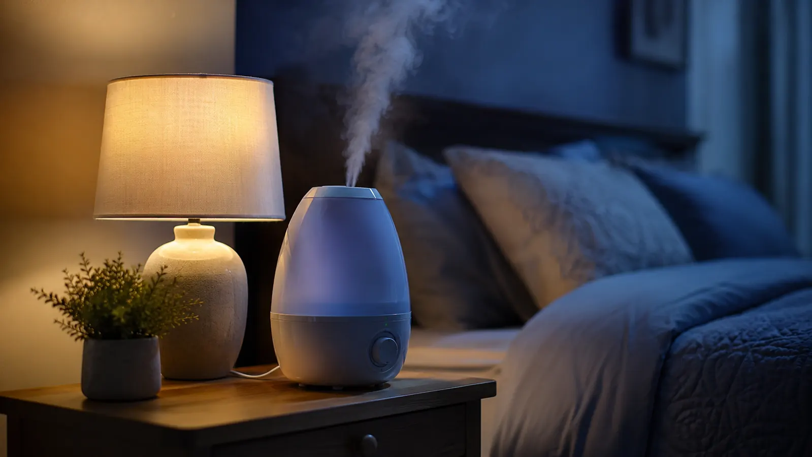 Small white cool mist humidifier releasing a soft plume of mist on a nightstand in a dim, calm bedroom