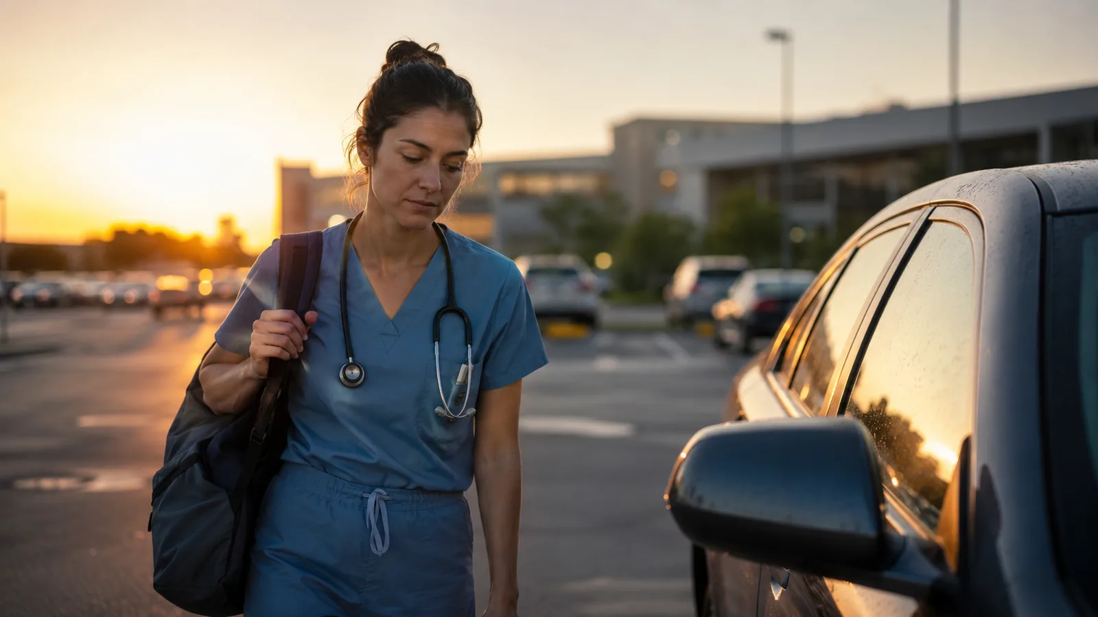 Nurse in scrubs walking toward her car in a hospital parking lot at sunrise