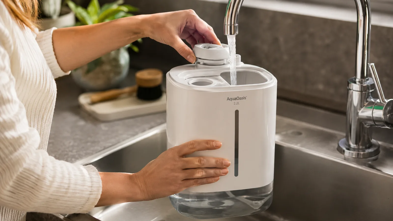 Close-up of a hand twisting the lid closed on a white cool mist humidifier tank at a kitchen sink