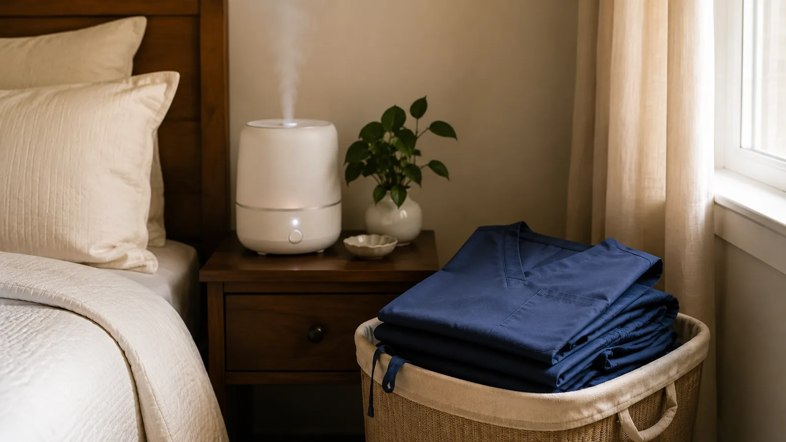 A folded pair of nursing scrubs on a laundry hamper beside a nightstand with a softly glowing humidifier