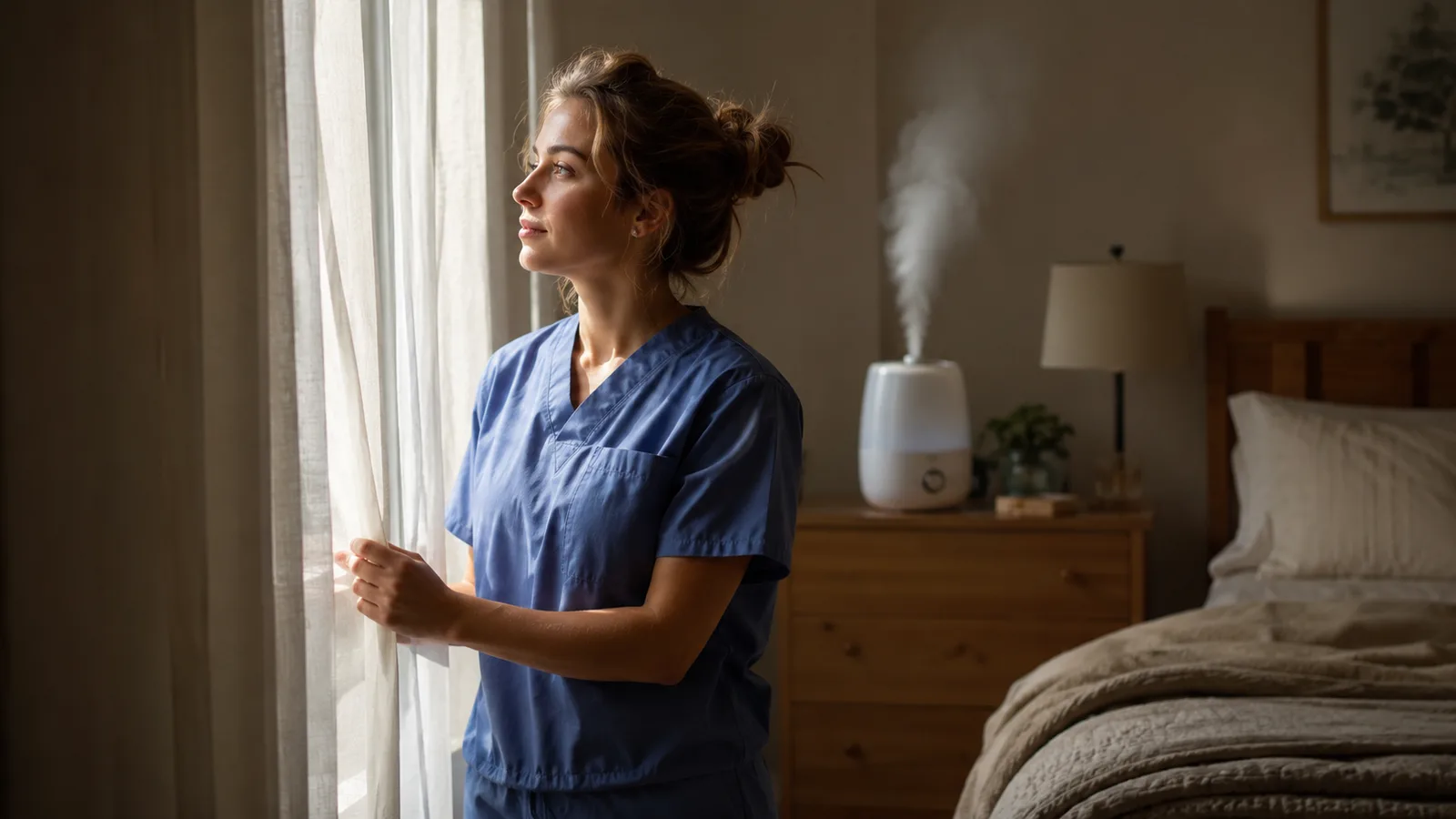 A woman in nursing scrubs standing at a bedroom window at midday, a small white humidifier releasing mist on the dresser behind her