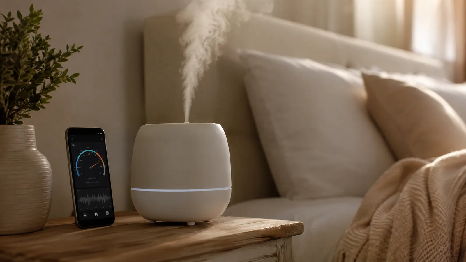 A smartphone showing a decibel meter app propped next to a running white cool mist humidifier on a dresser