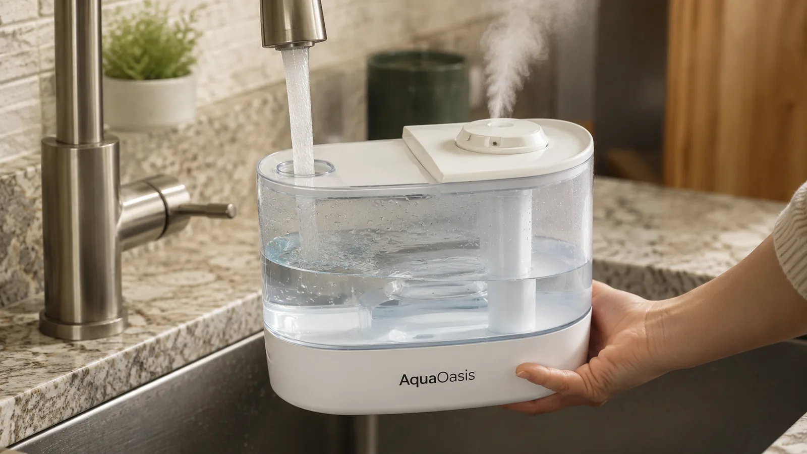 Close-up of a hand pouring water into the open top tank of a white cool mist humidifier