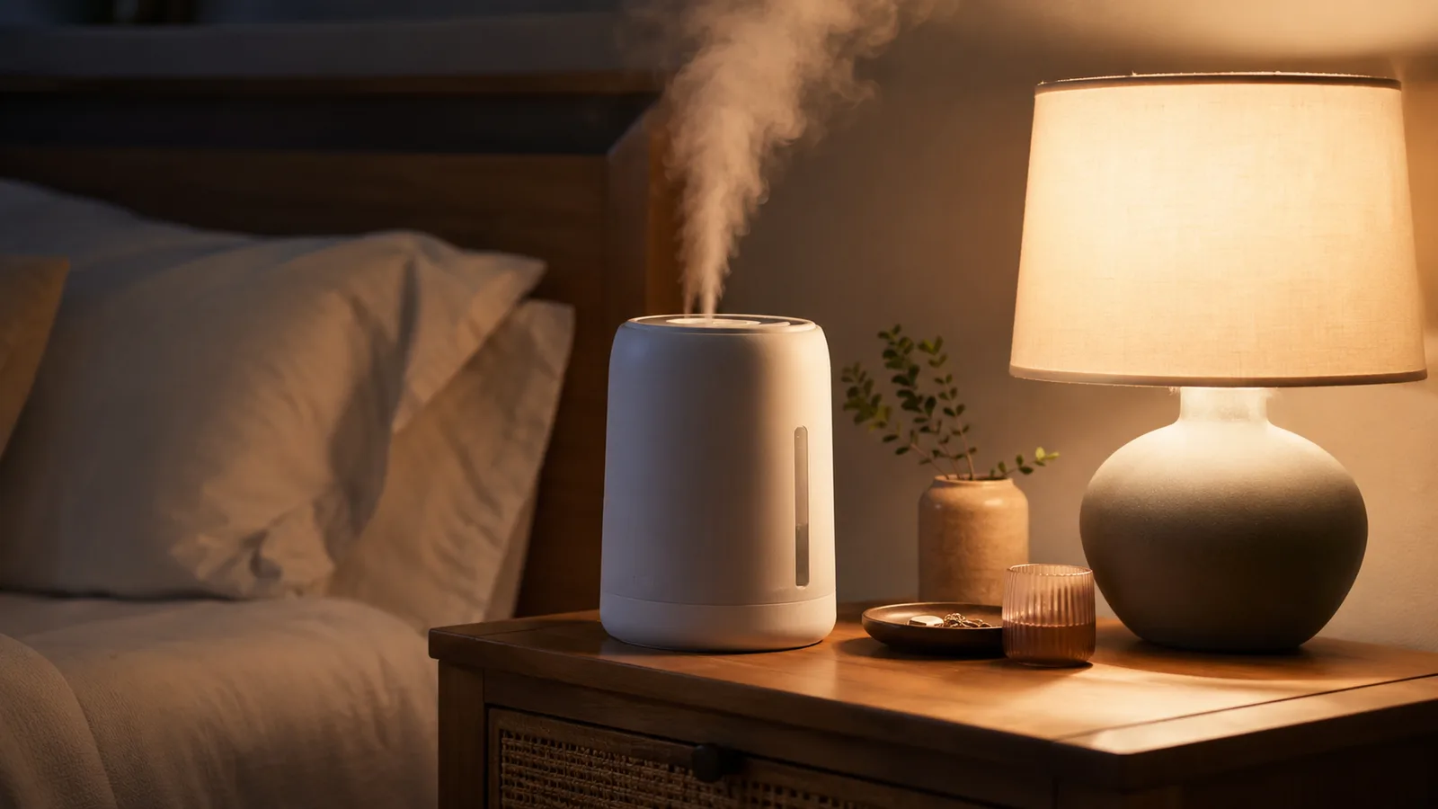 Small white humidifier releasing a soft stream of mist on a nightstand in a dim, calm bedroom