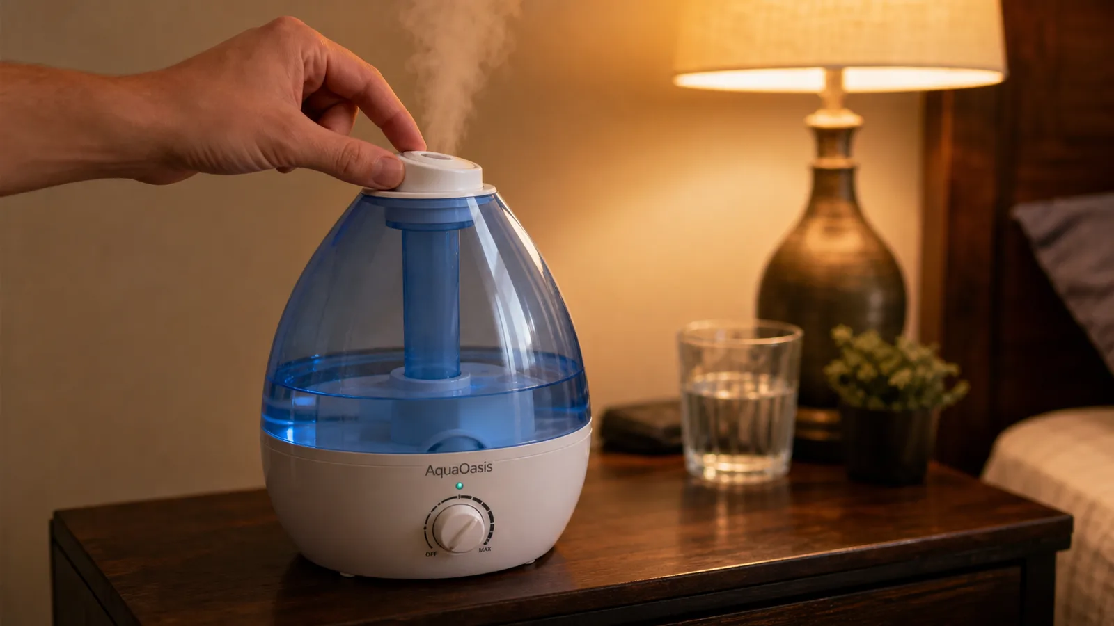 Hand adjusting the rotating mist nozzle on the AquaOasis humidifier before bedtime