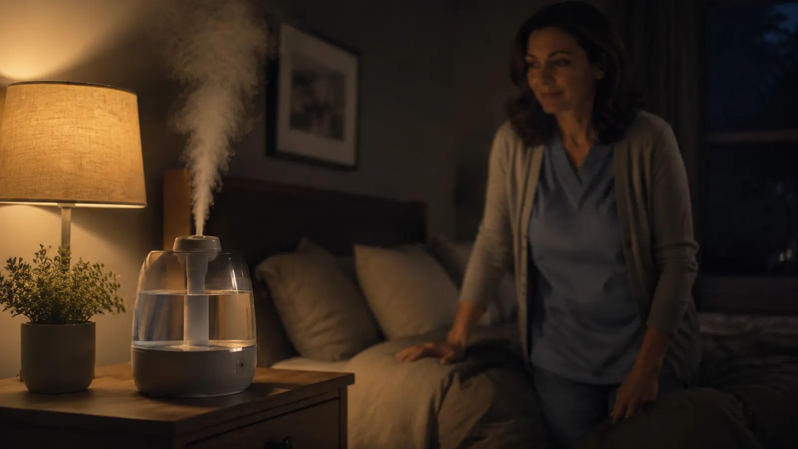 A white cool mist humidifier releasing a soft stream of mist on a nightstand in a dim bedroom
