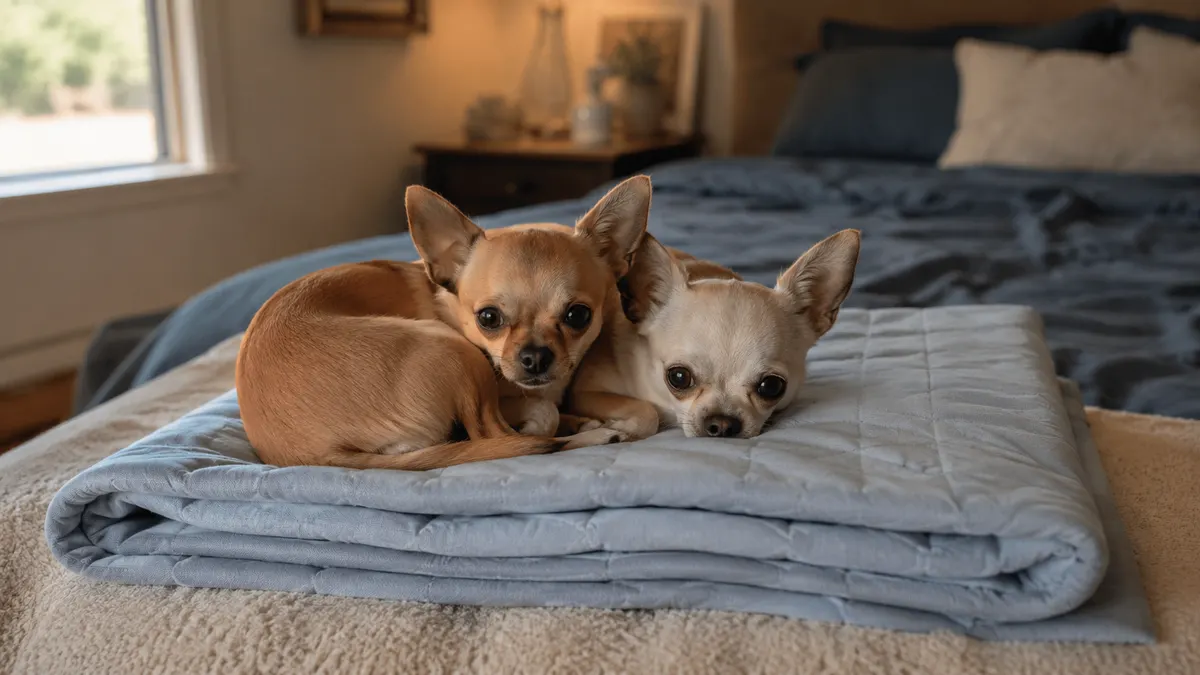 Two small chihuahuas curled up together on top of a folded cooling blanket at the foot of a bed