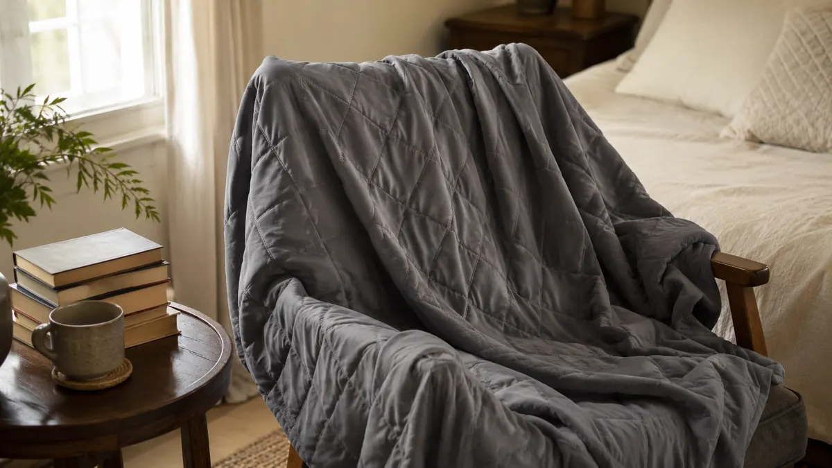 Gray cooling blanket draped over the back of a reading chair in a sunlit corner of a bedroom, slightly wrinkled from daily use