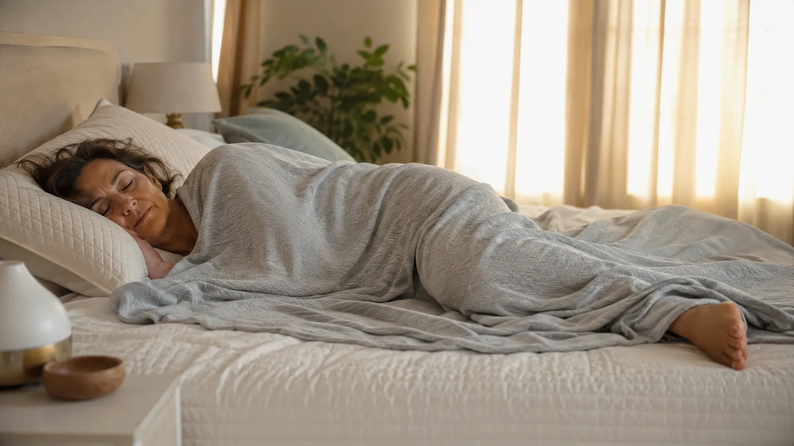 Woman lying on her side in a softly lit bedroom under a light gray cooling blanket, one arm resting outside the covers