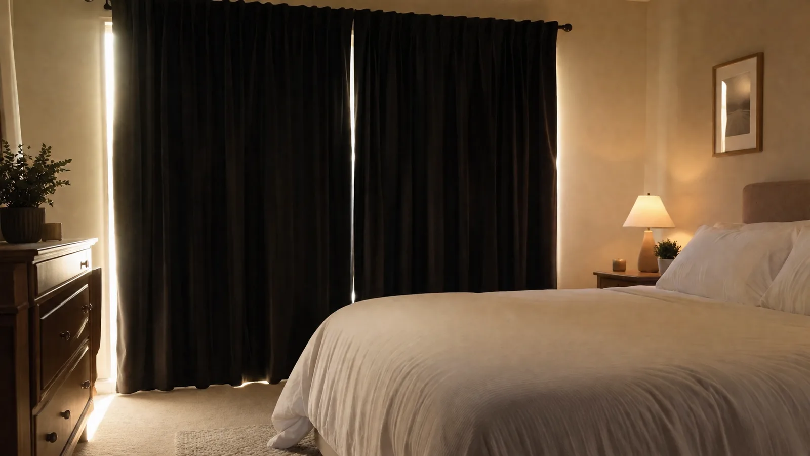 Blackout curtains drawn tight in a daytime bedroom with a woman settling in to sleep at midday