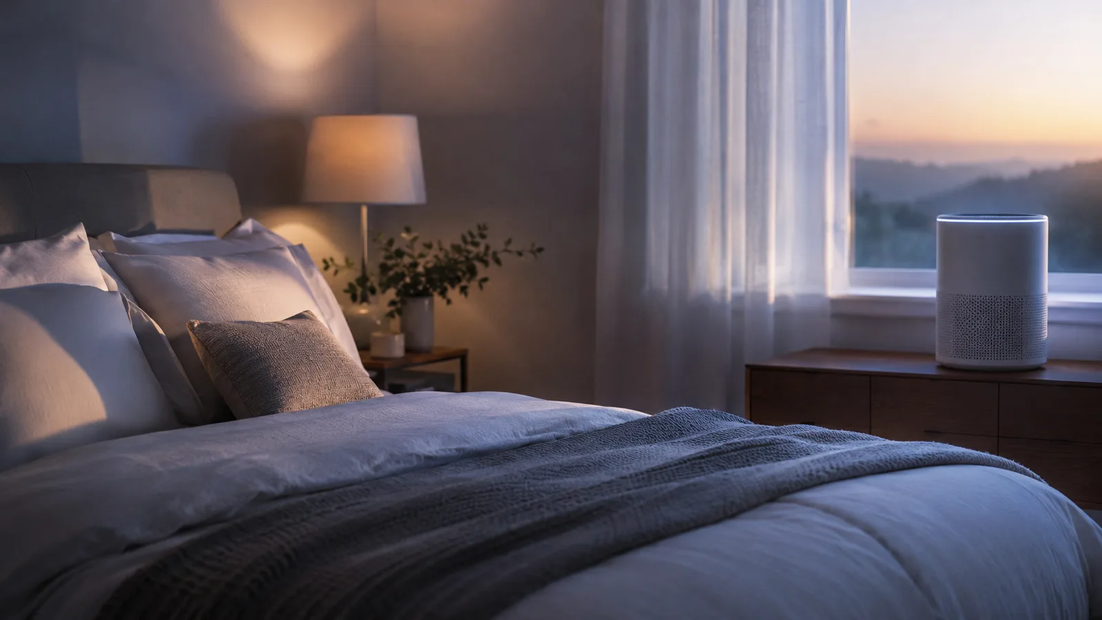 A calm bedroom at early morning light with a small air purifier running quietly in the corner near the bed