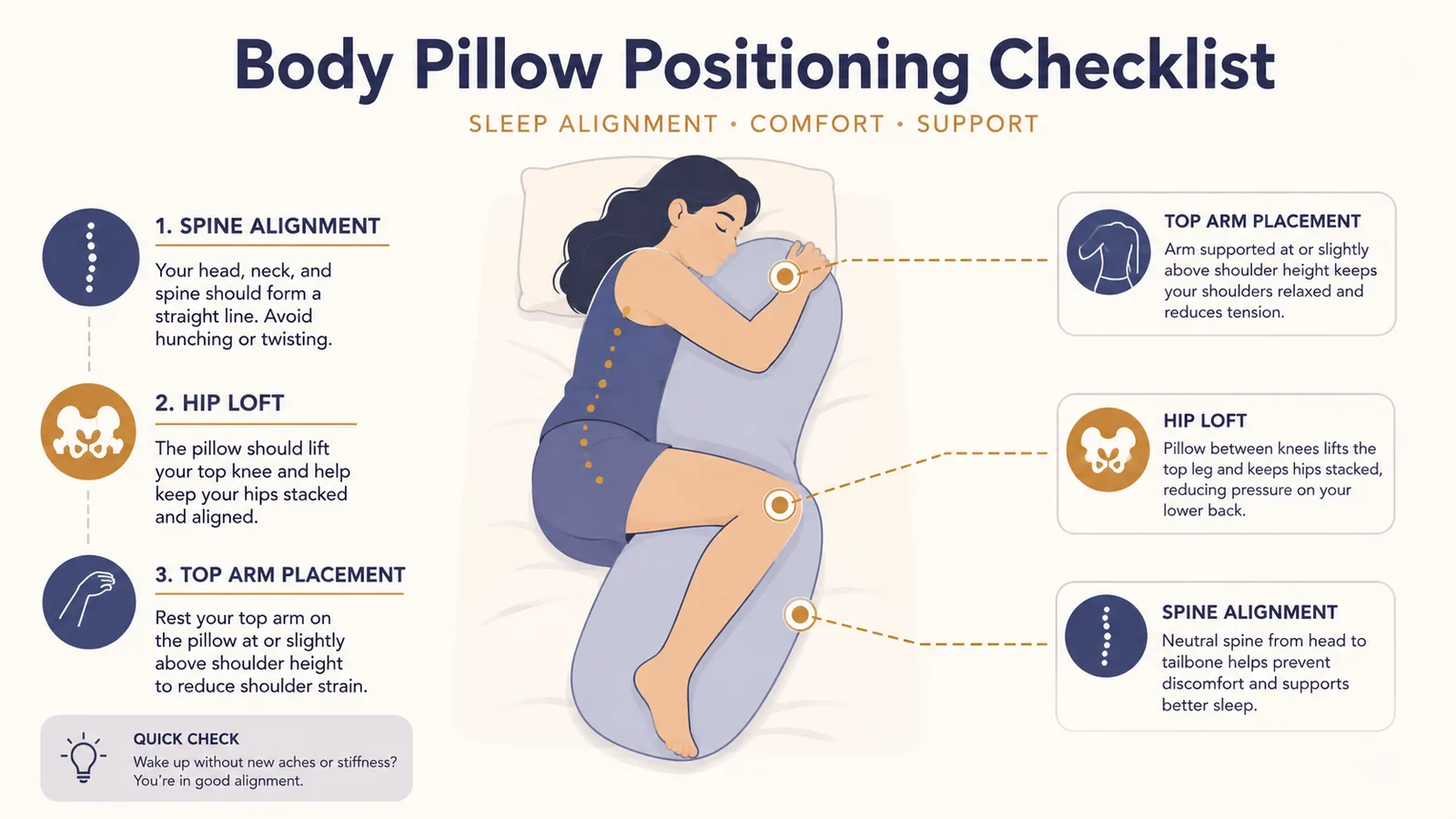Simple diagram chart showing correct body pillow alignment points along the spine, hips, and top arm