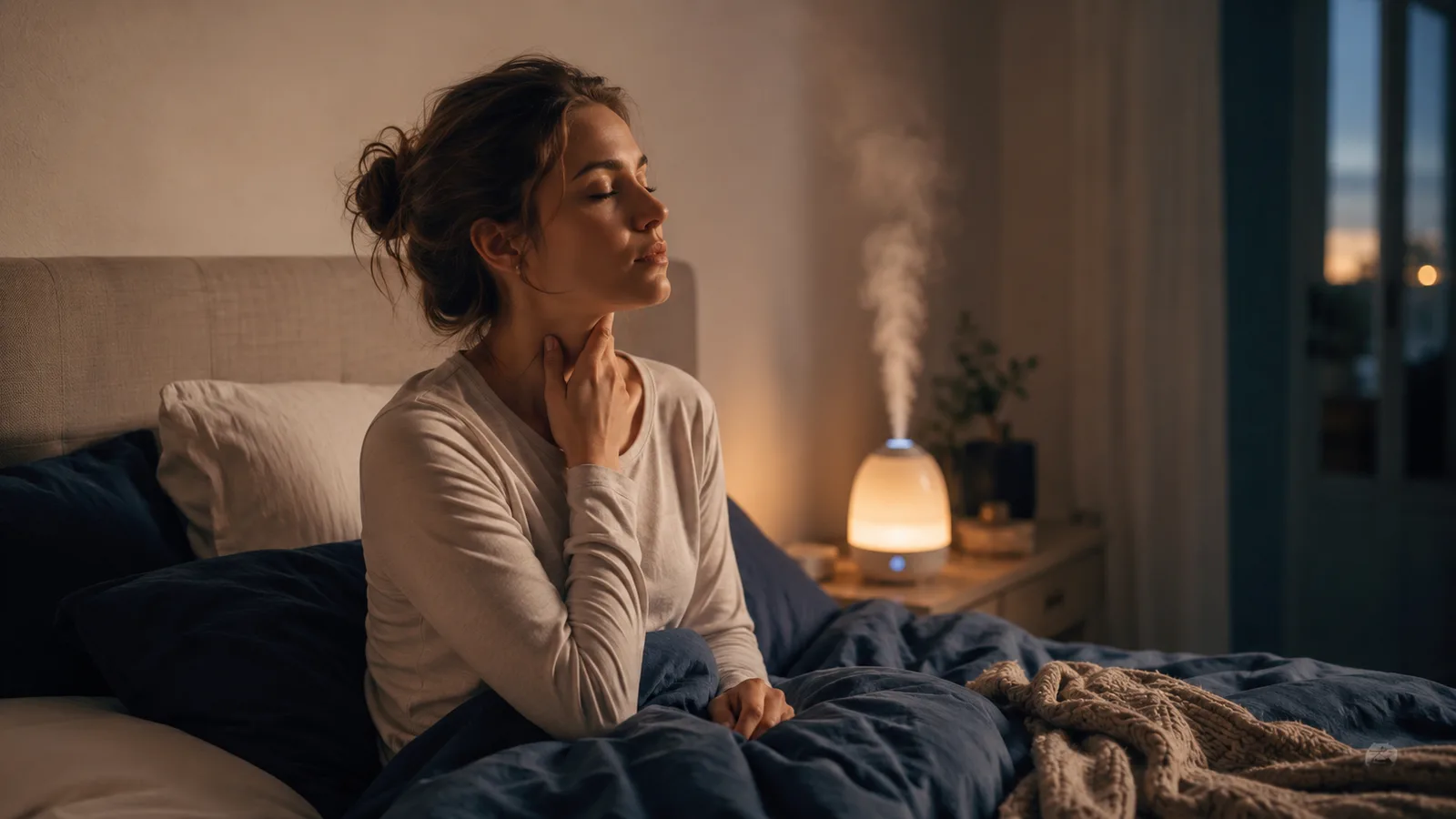A woman waking up in a dim bedroom holding her throat, a small humidifier releasing mist on the nightstand behind her