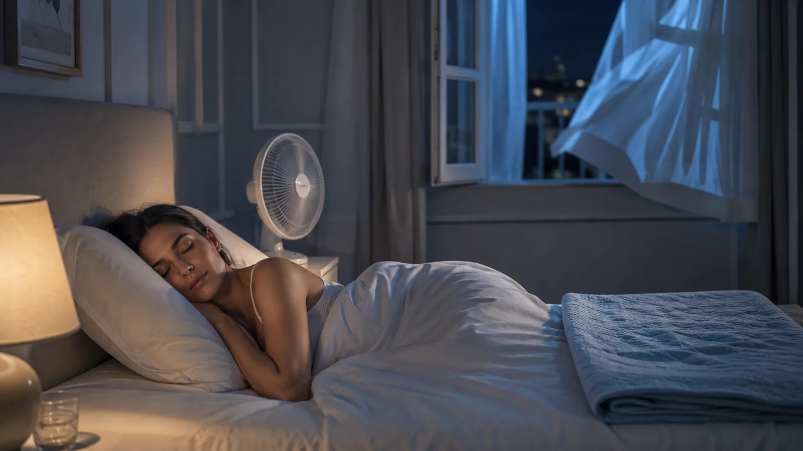 Bedroom window cracked open with a small fan running beside a neatly made bed with a folded cooling blanket