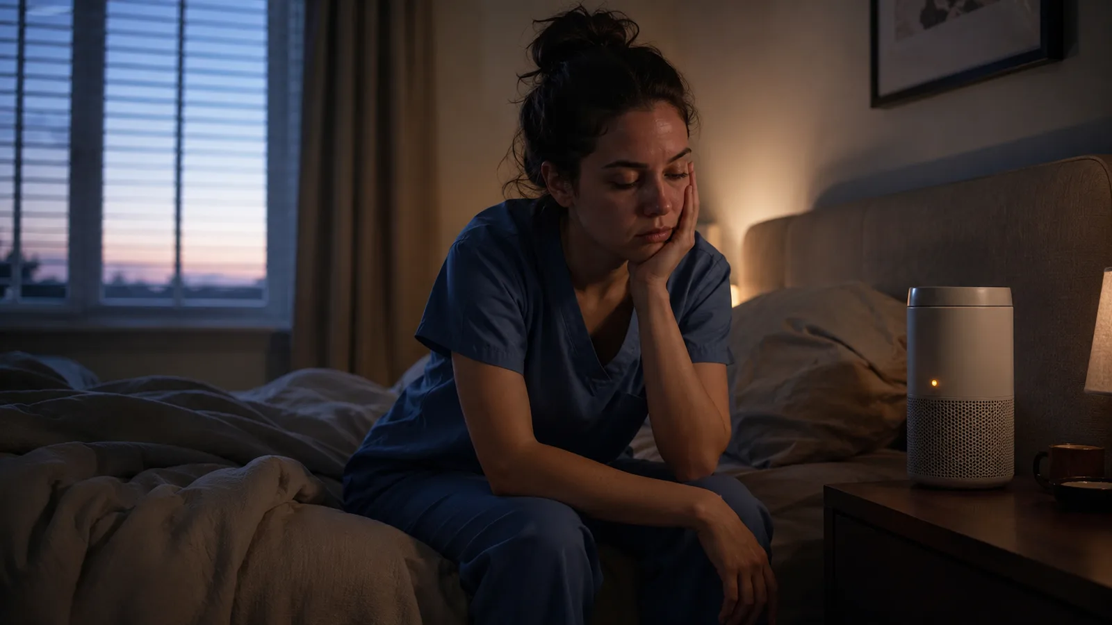 Nurse in scrubs sitting on the edge of her bed at dawn, rubbing her eyes, a small white air purifier glowing softly on the nightstand behind her