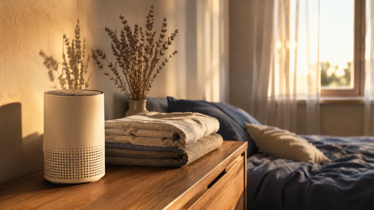 White cylindrical air purifier sitting on a bedroom dresser next to a folded stack of towels