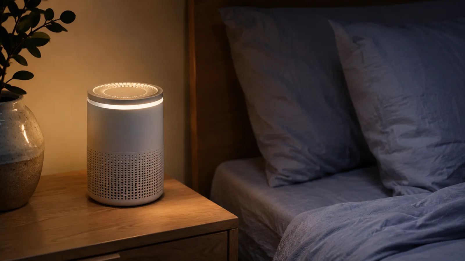 Small white cylindrical air purifier running quietly on a bedroom nightstand at dusk