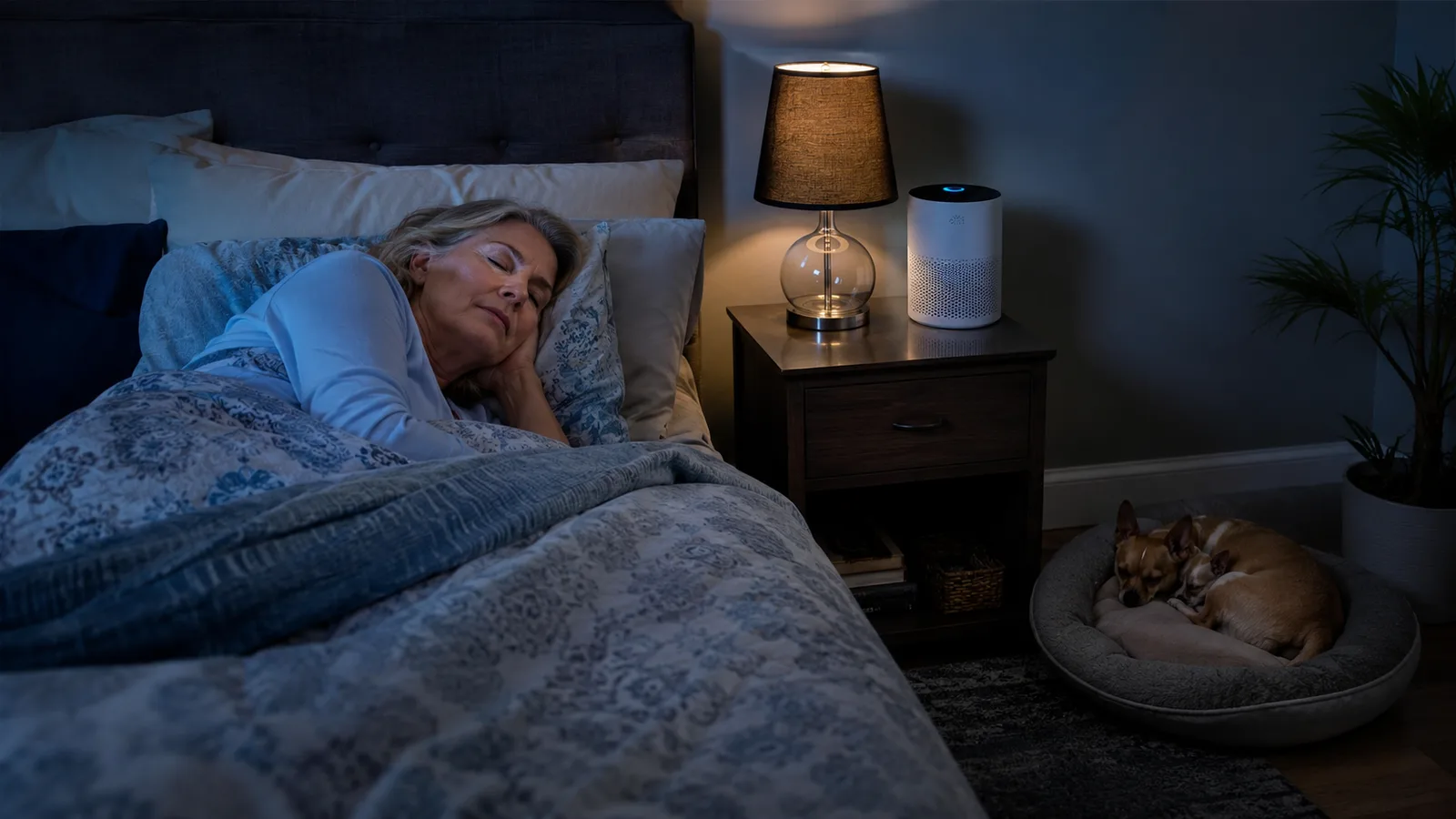 Woman sleeping peacefully in a dim bedroom with a small air purifier glowing softly on the nightstand