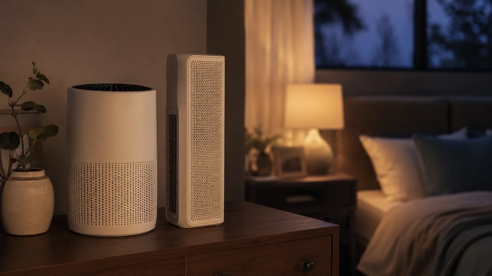 Two small air purifiers side by side on a bedroom dresser at dusk, one cylindrical and one tower shaped