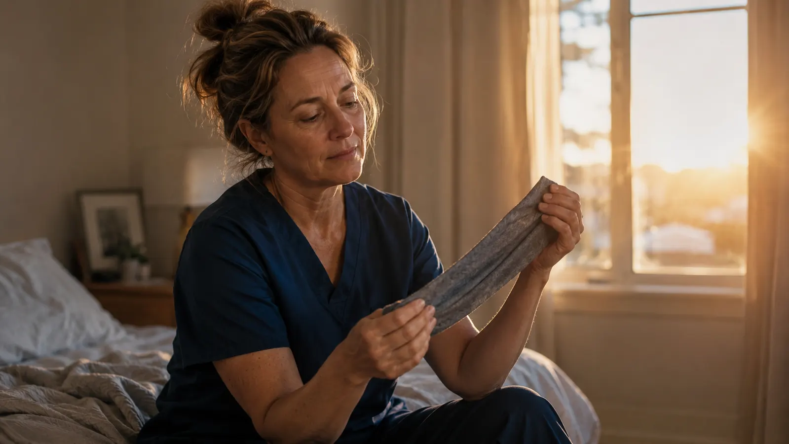 Woman in scrubs sitting on the edge of a bed in early morning light, holding a fabric sleep headband and examining it with a slightly skeptical expression