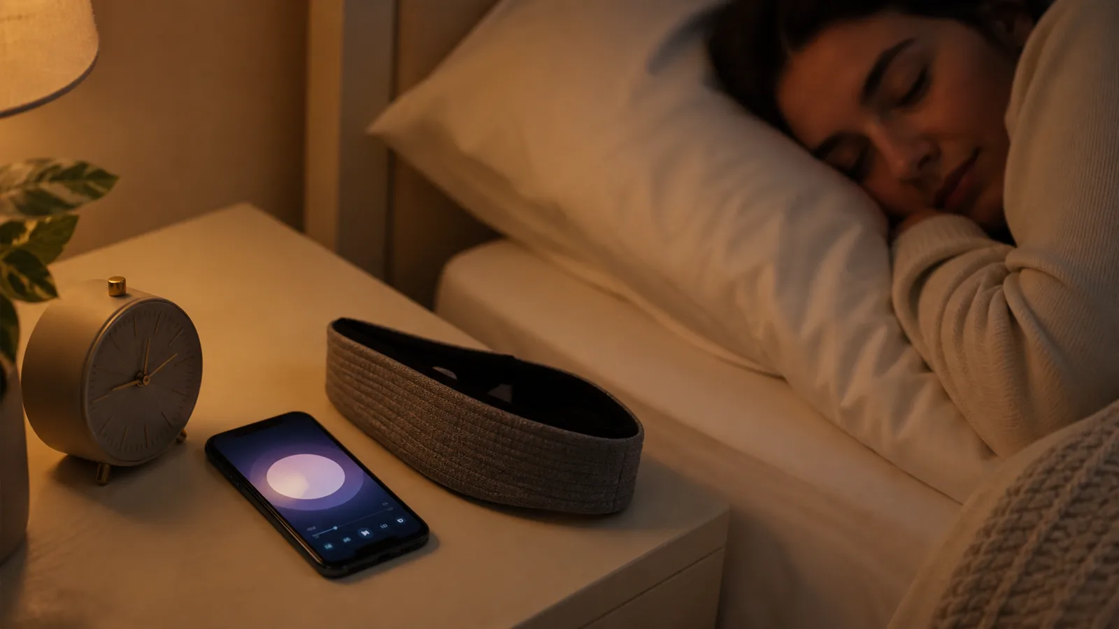 Nightstand scene with a phone playing a sleep sounds app next to a folded sleep headband and a small charging cable