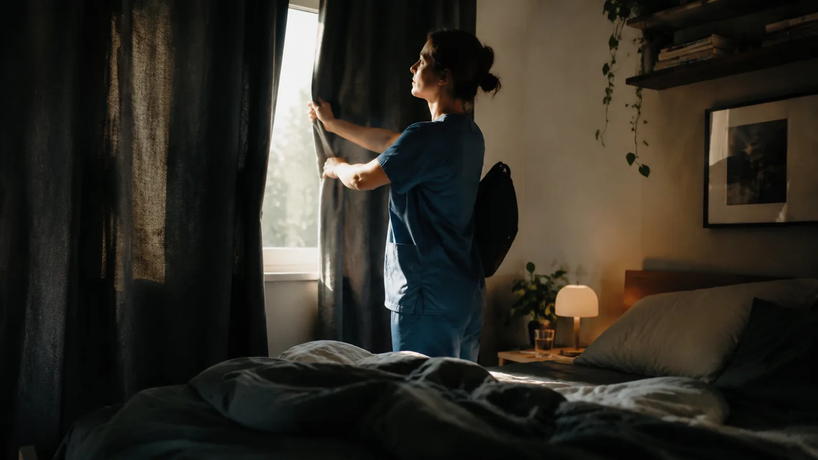 A woman in nursing scrubs pulling a blackout curtain closed in a softly lit bedroom in the morning