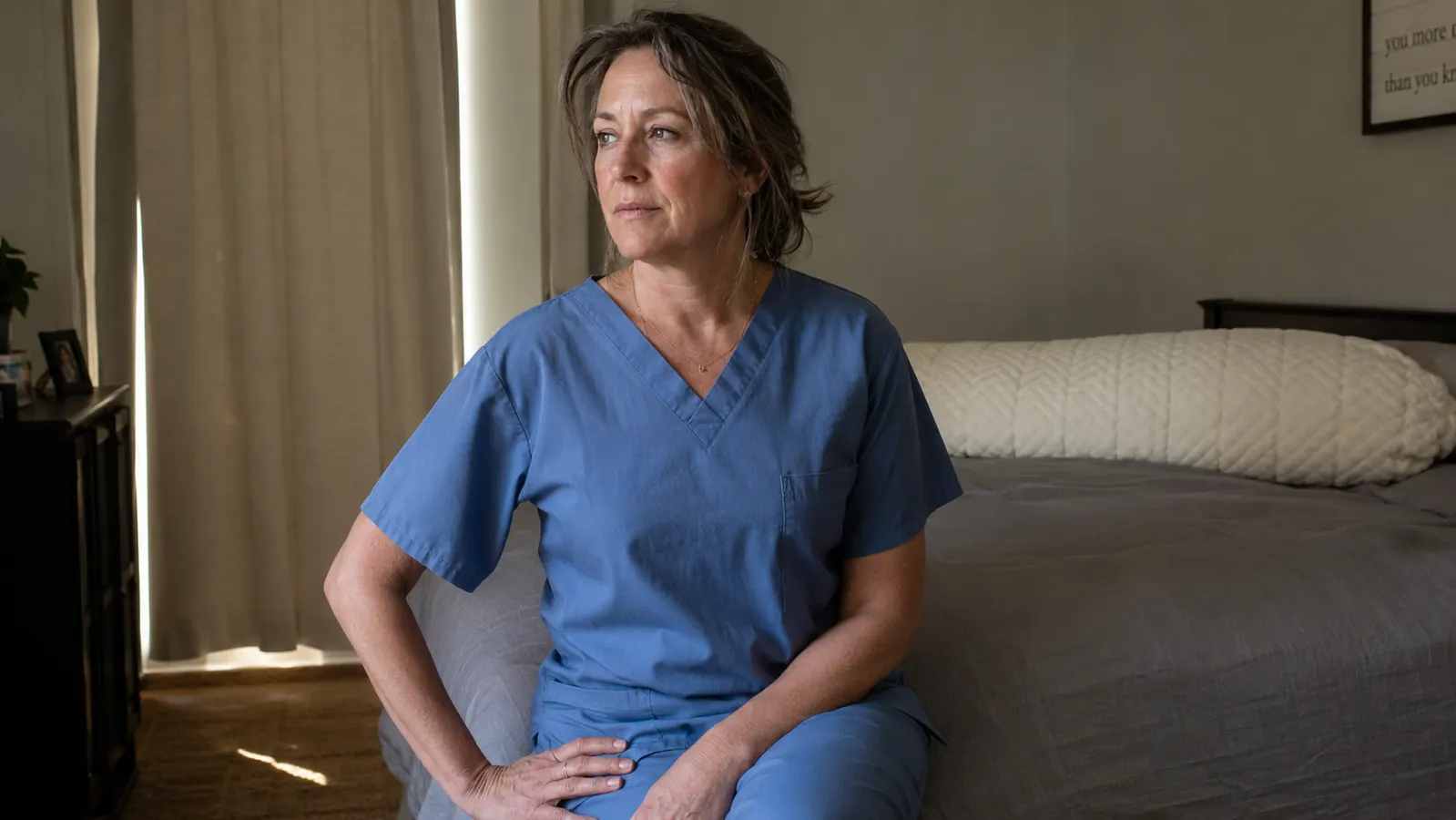 A woman in nursing scrubs sitting on the edge of a bed at midday, one hand resting on her hip, a long cream body pillow visible behind her