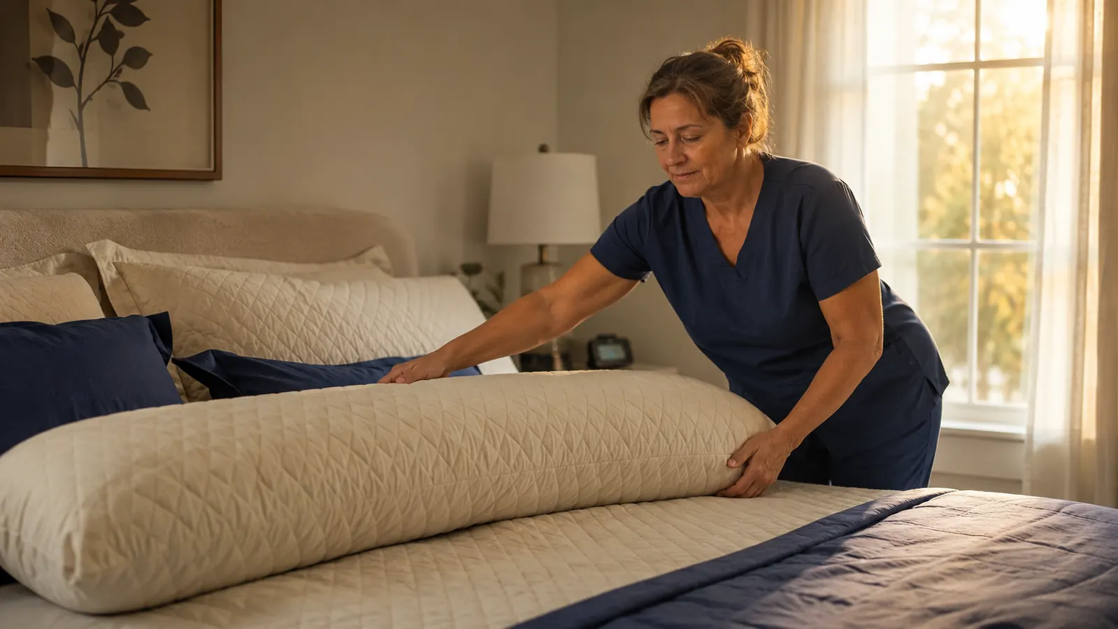 Woman in nurse scrubs setting a long quilted body pillow onto a bed in soft early morning light after arriving home from a shift