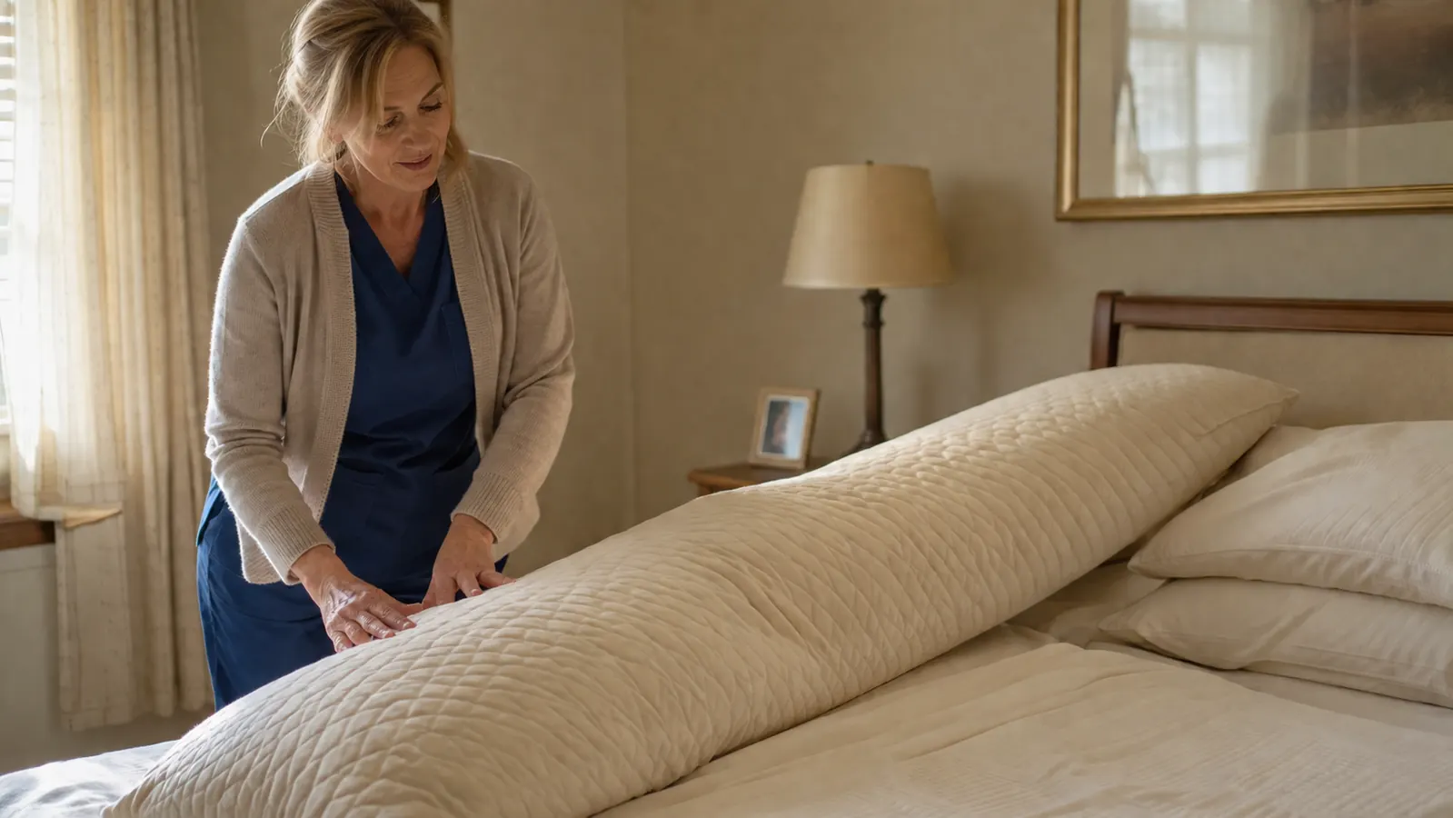 A long body pillow laid neatly across a made bed next to two folded regular pillows
