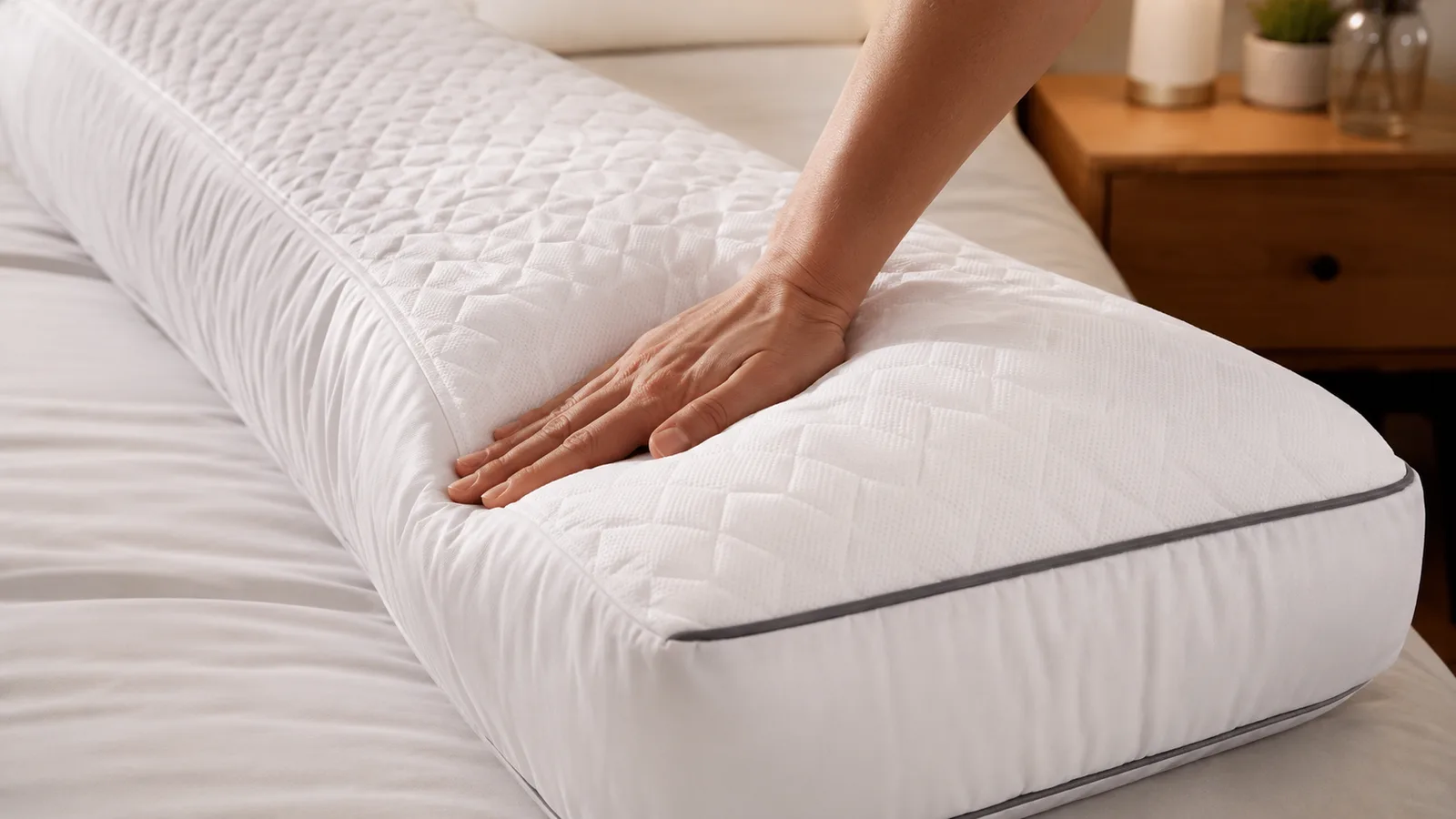 Hand pressing into the quilted cover of the Oubonun body pillow to show its loft and fill