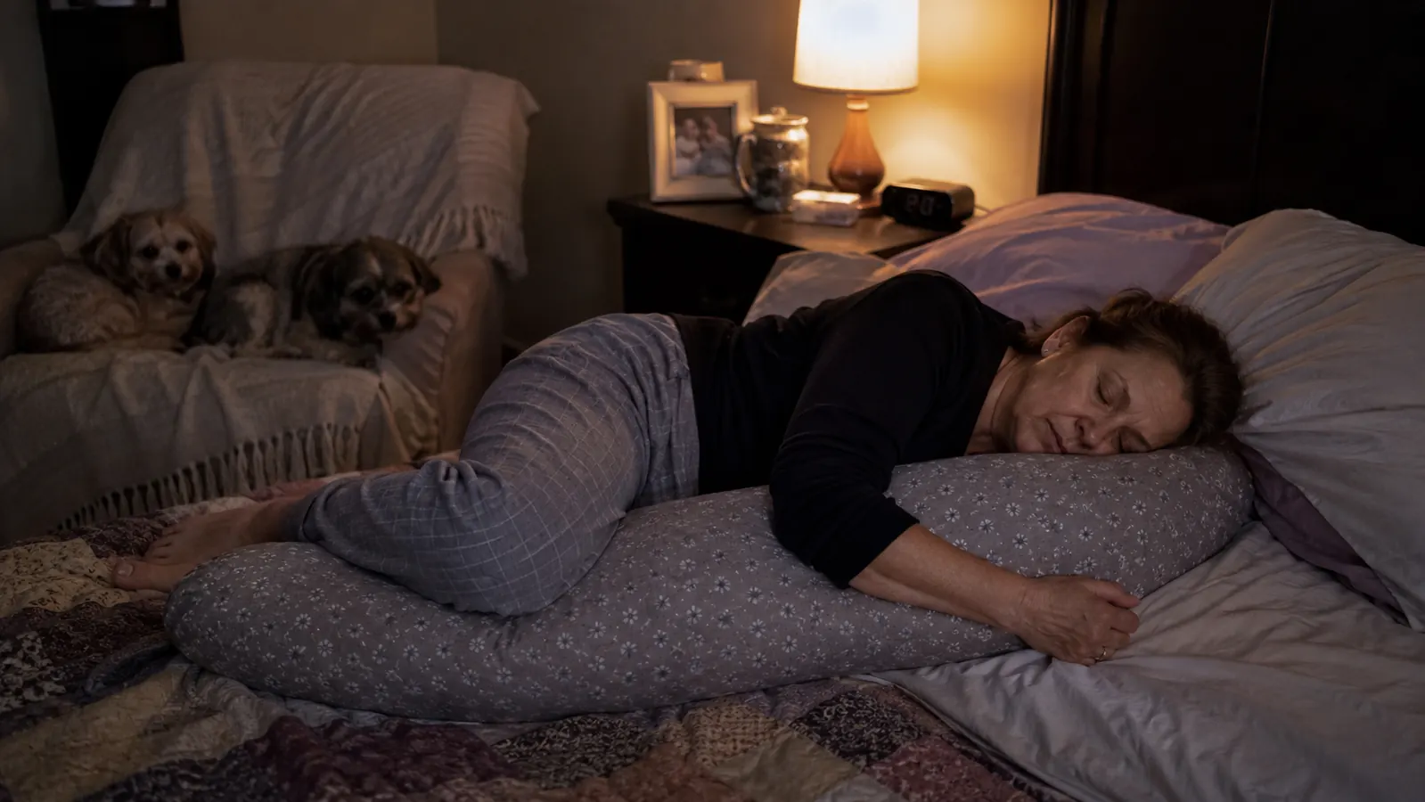 Woman sleeping on her side hugging a long body pillow with knees supported, calm bedroom scene
