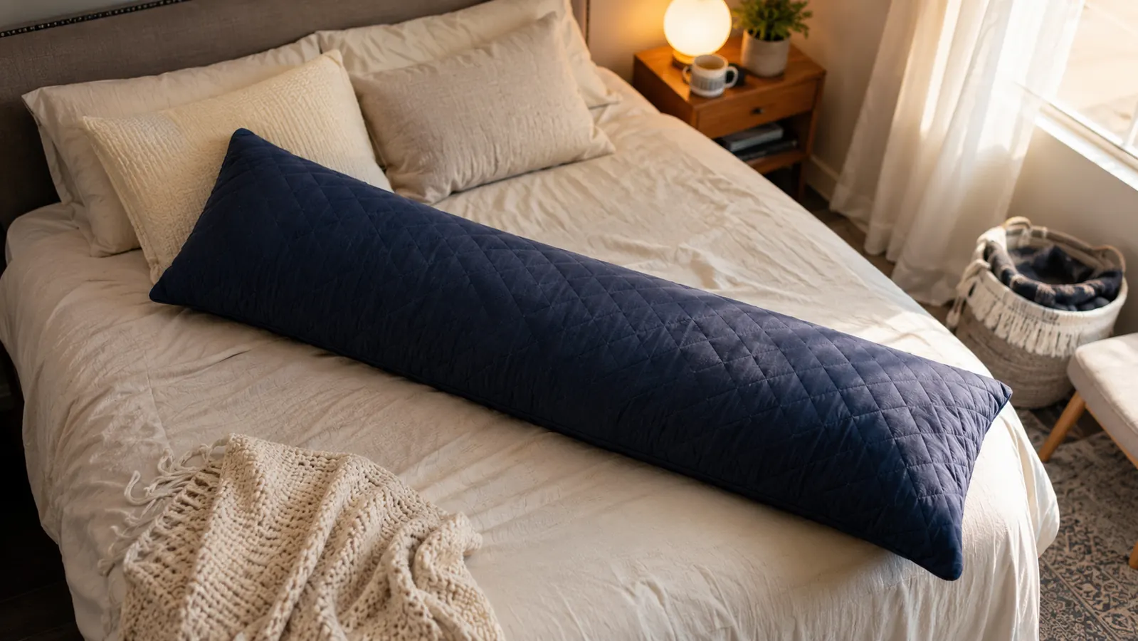 A long quilted body pillow laid diagonally across a made bed in soft morning light
